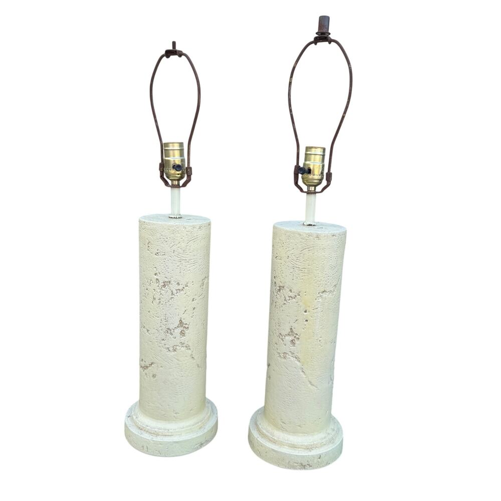 1980's Postmodern Boho Faux Coralstone Plaster Table Column Lamps Pair of 2